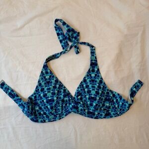 Athleta Bikini Top Halter Swim Top Blue Patterned Swimwear Beach Size 36 B/C